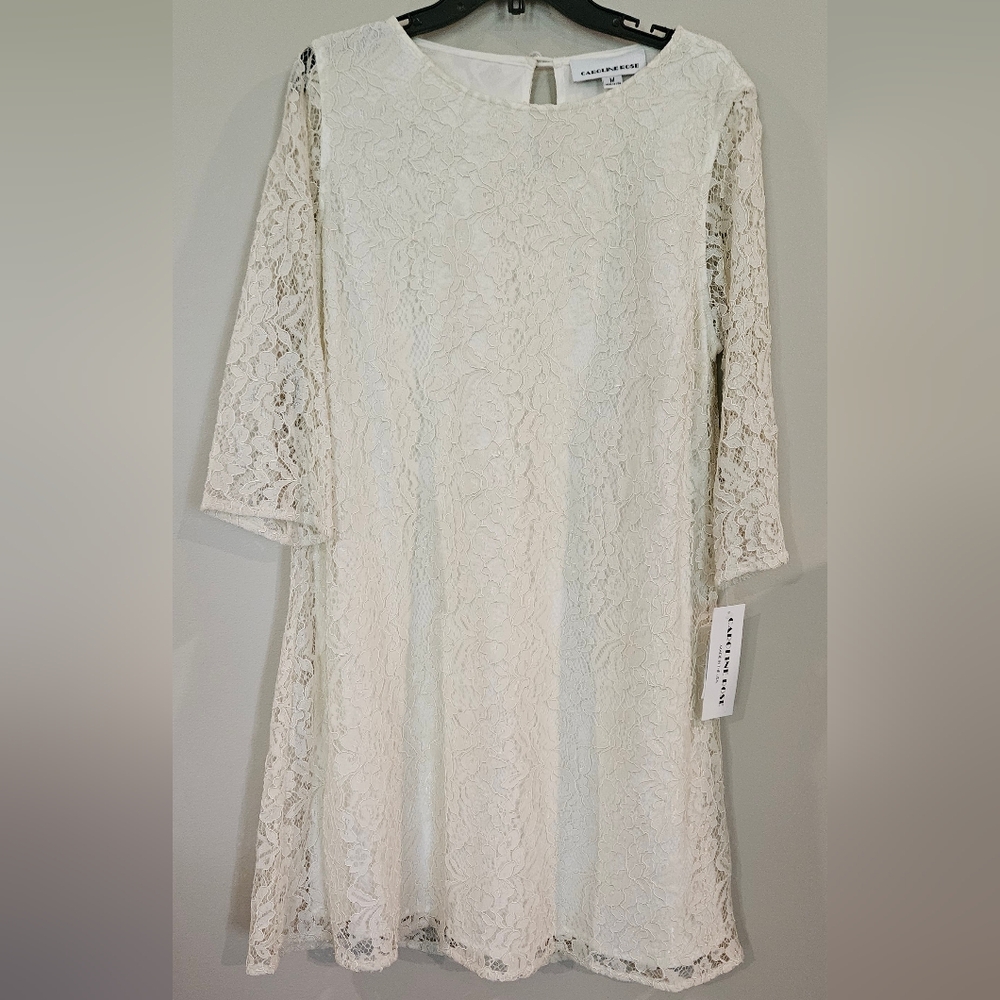 NWT Caroline Rose Lace Round Neck‎ 3/4 Sleeve Shift Dress: Ivory: Size- Medium